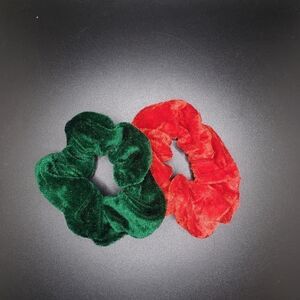 Green and red Christmas colored velvet scrunchies